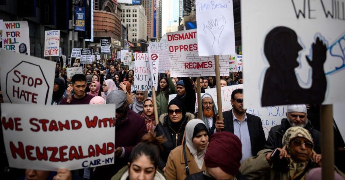 Demonstrators take part in a protest against growing Islamophobia, white supremacy and anti-immigrant bigotry following the New Zealand mosque attacks, at in Times Square, New York City, the U.S. 