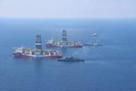 Turkey's drillships Fatih and Yavuz in the Eastern Mediterrenean along with Turkish navy vessels. ( IHA File Photo) 