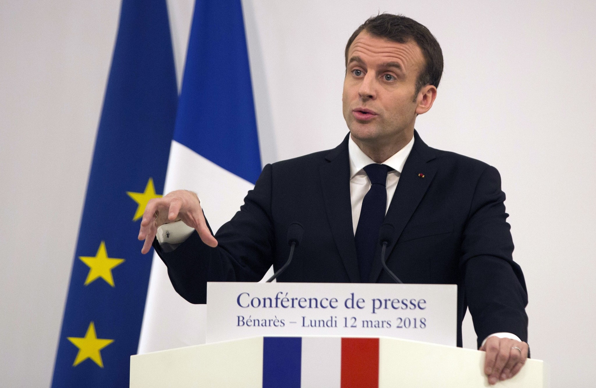 French President Emmanuel Macron, addresses a press conference in Varanasi, India, Monday, March 12, 2018. (AP Photo)