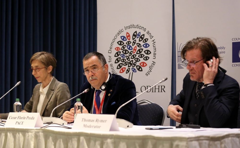 The OSCE's ODIHR mission head in Turkey Tana de Zulueta (L), ODIHR and the PACE Cezar Florin Preda (C) and ODIHR Spokesman Thomas Rymer (R) giving a press conference in Ankara following the results in the constitutional referendum, April 17.