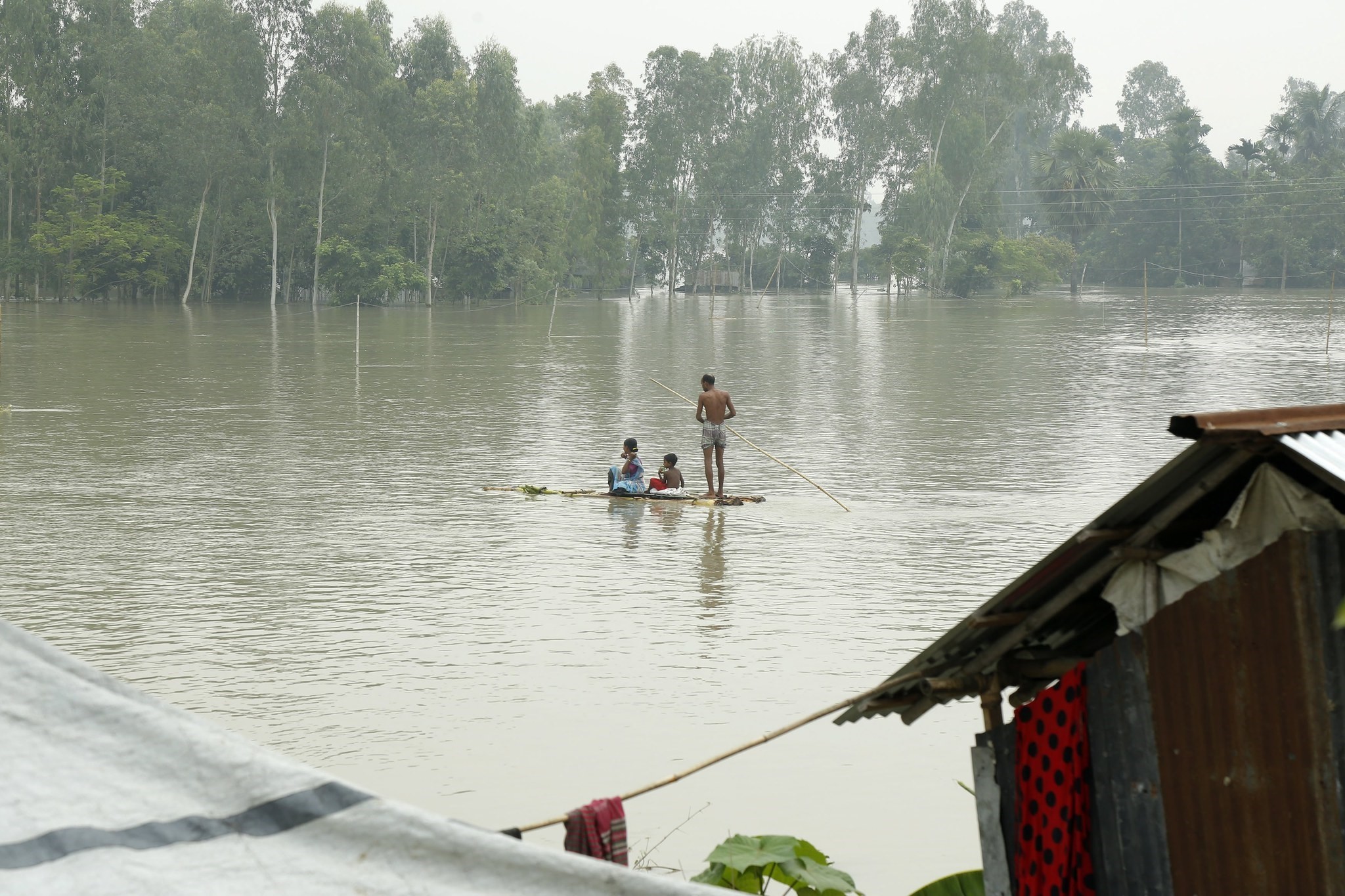 A flood affected family move with a banana raft at Sariakandi, Bogra, Bangladesh, 17 August 2017. (EPA Photo)