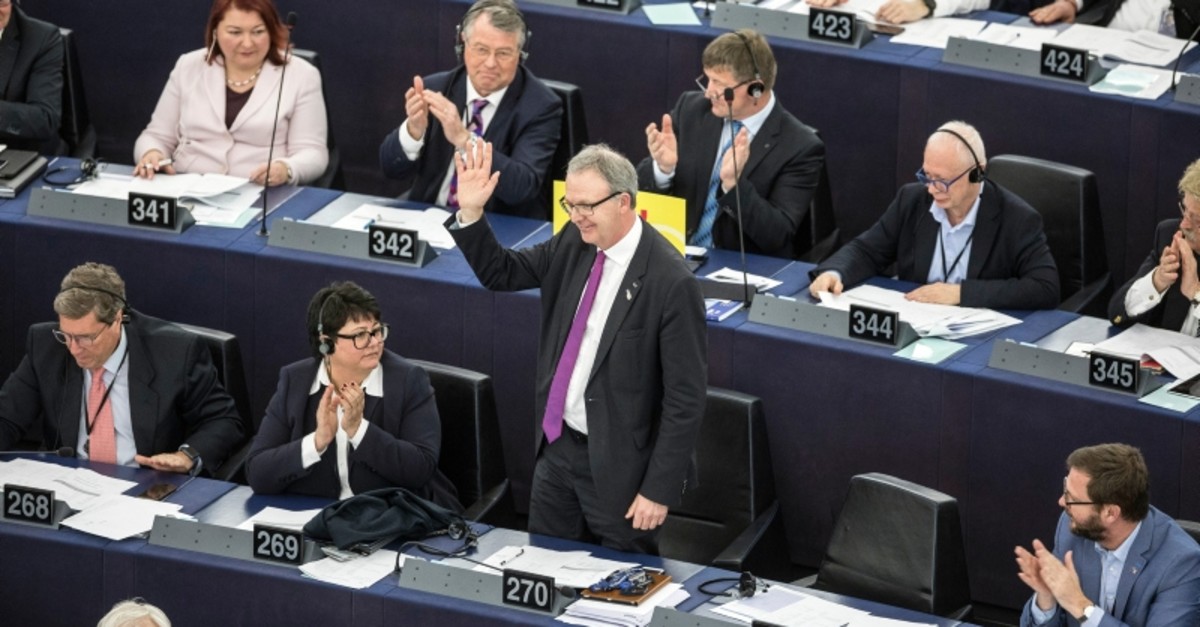 Axel Voss, Member of the European Parliament and rapporteur of the copyright bill, stands at the European Parliament in Strasbourg, France, Tuesday March 26, 2019. (AP Photo)