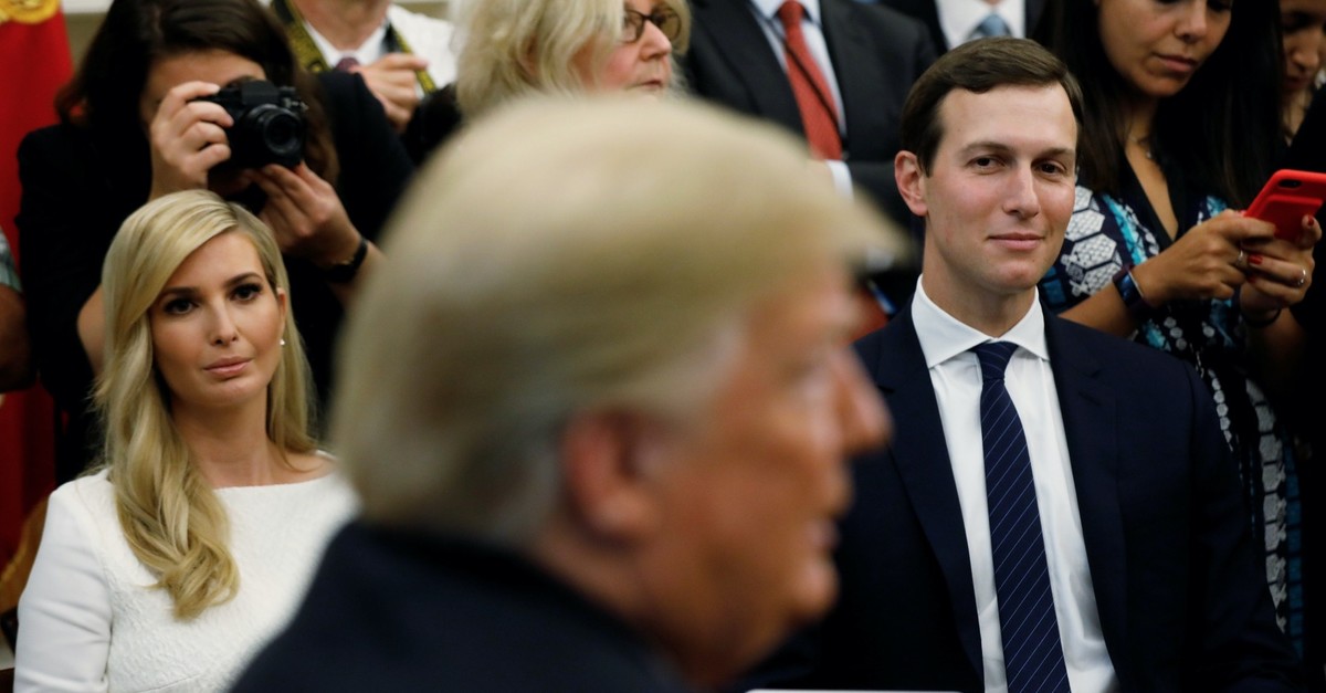 White House senior advisers Ivanka Trump and Jared Kushner attend a meeting between U.S. President Donald Trump, rapper Kanye West and others to discuss criminal justice reform at the White House in Washington, Oct. 11, 2018.