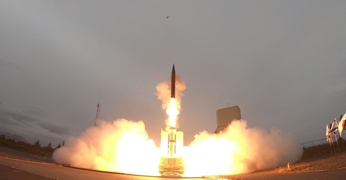 A handout picture released by the Israeli Ministry of Defense on July 28, 2019 shows the launch of the Arrow-3 hypersonic anti-ballistic missile at an undisclosed location in Alaska. (AFP Photo)