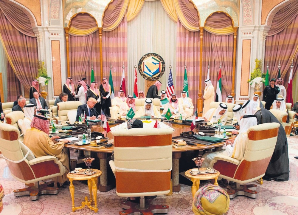 U.S. President Donald Trump and leaders of Gulf countries attend the opening session of the Gulf Cooperation Council summit, in Riyadh, Saudi Arabia, March 21, 2017.
