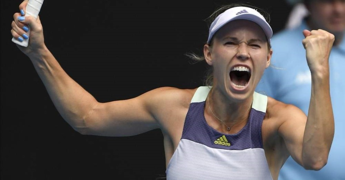 Wozniacki celebrates after defeating Yastremska at the Australian Open, Jan. 22, 2020. (AP Photo)