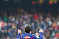 Barcelona's Lionel Messi celebrates after scoring his side's second goal during a Spanish La Liga soccer match between Barcelona and Eibar at the Camp Nou stadium in Barcelona, Spain, Saturday Feb. 22, 2020. (AP Photo)
