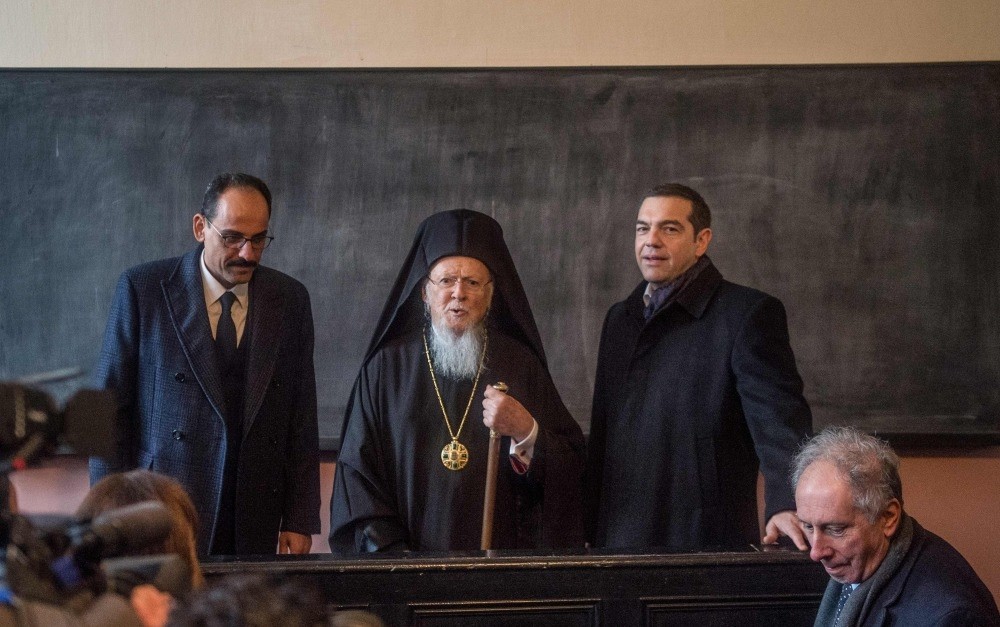Presidential Spokesperson u0130brahim Kalu0131n (L), Greek Prime Minister Alexis Tsipras (R), Greek Orthodox Patriarch Bartholomew I (C) visit the Halki Seminary on Istanbul's Heybeliada Island, Feb. 6, 2019.