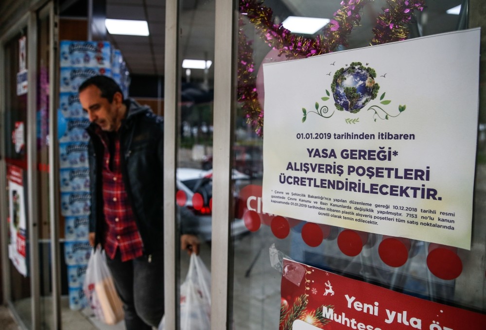A sign reading ,shopping bags will be charged under new law, at a supermarket in the western city of u0130zmir. 