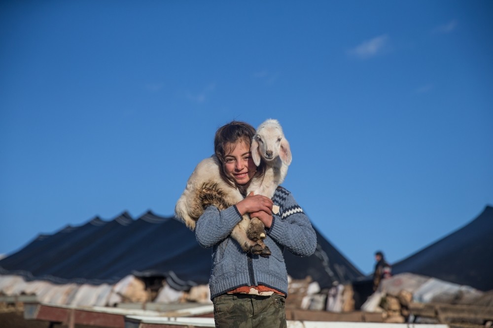 A Yu00f6ru00fck girl poses with her baby lamb in u015eanlu0131urfa where her family spends winter.