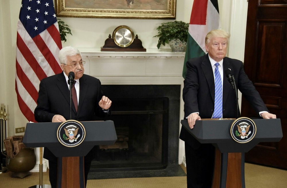 U.S. President Donald J. Trump gives a joint statement with President of the Palestinian Authority Mahmoud Abbas in the Roosevelt Room  of the White House in Washington, USA, on May 3.