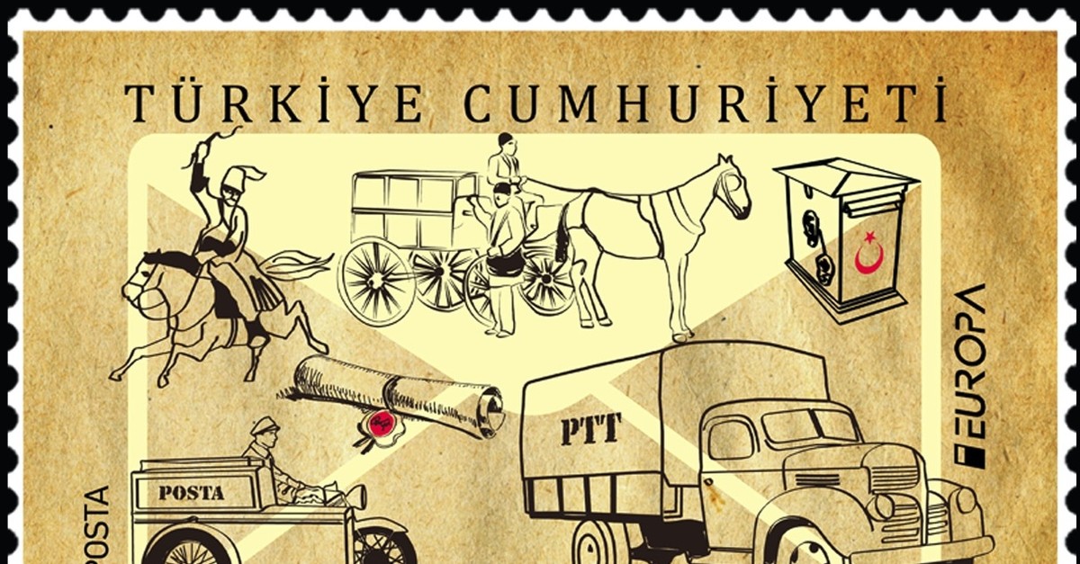 A Turkish postal stamp depicting some of the vehicles used by the Turkish Post since its establishment. 