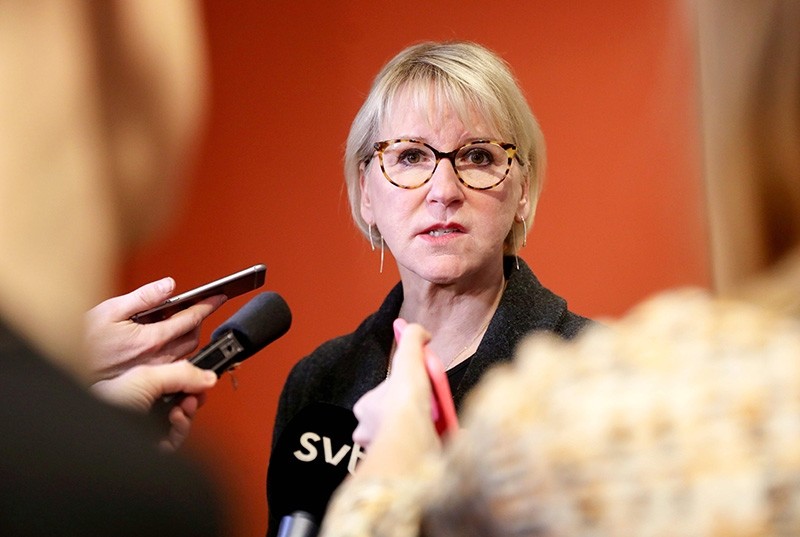 Sweden's Foreign Minister Margot Wallstrom talks to journalists, on March 16, 2018 in the Swedish house of parliment in Stockholm, to comment her meeting with the North Korean Foreign Minister the day before. (AFP Photo)
