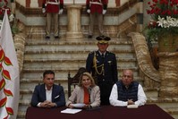 Bolivia's interim President Jeanine Anez (C) speaks during a press conference at the presidential palace, La Paz, Nov. 28, 2019. (AP Photo)