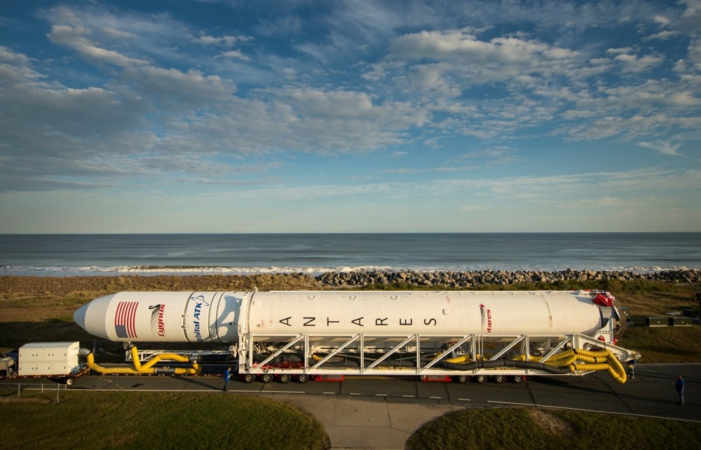 The Orbital ATK Antares rocket being rolled from the Horizontal Integration Facility to the launch Pad-0A at NASA's Wallops Flight Facility in Virginia.