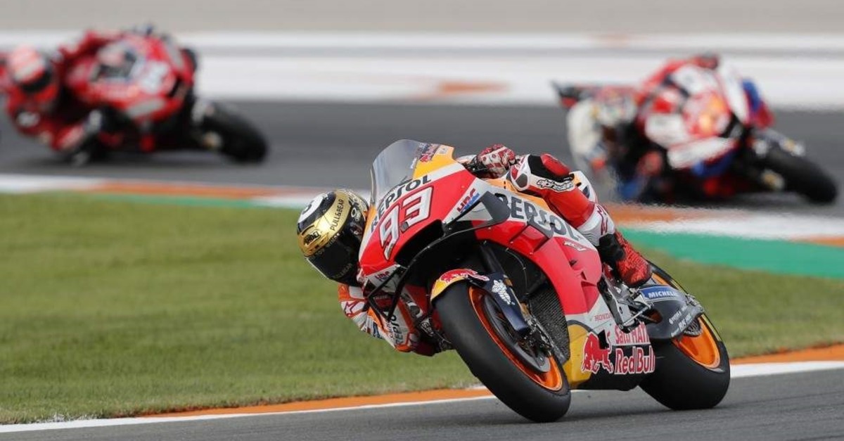 MotoGP rider Marc Marquez of Spain steers his motorcycle during the Valencia Motorcycle Grand Prix, Nov. 17, 2019. (AP Photo)