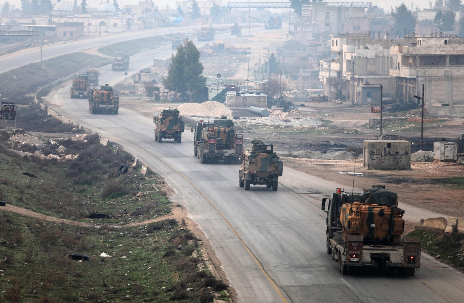 A Turkish military convoy driving in Idlib, Syria, Feb. 15. 
