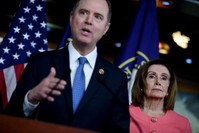 House Intelligence Committee Chairman Adam Schiff (D-CA) (C) speaks after US Speaker of the House Nancy Pelosi (D-CA) (R) announces that he and six additional members will be managers of the Senate impeachment trial of President Donald Trump at the US Capitol Jan. 15, 2020 in Washington, DC. (AFP Photo)