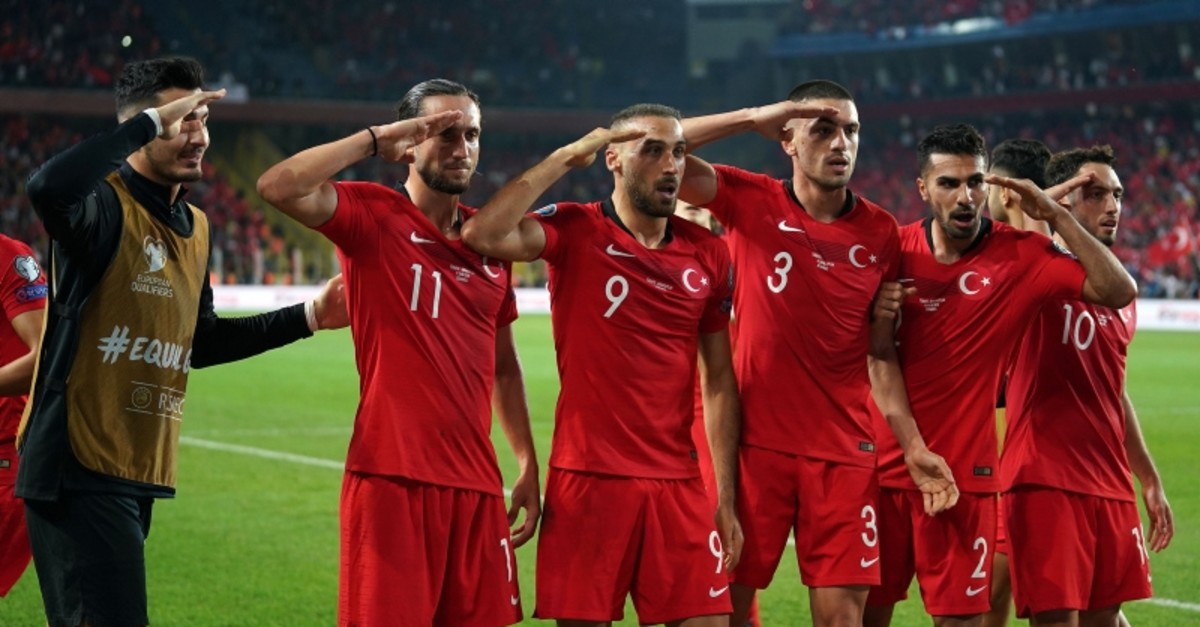 Turkish national team celebrates their last-minute goal against Albania in a Euro 2020 qualifier match by giving a military salute in support of the ongoing Turkish counterterrorism operation in Syria, u015eu00fckru00fc Sarau00e7ou011flu Stadium, Istanbul, Oct. 11, 2019