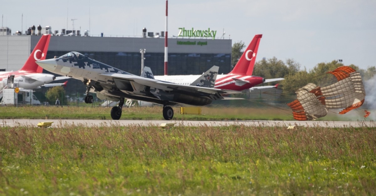 The Russian Air Force's Sukhoi Su-57 fifth-generation fighter jet lands after performing during the International Aviation and Space Salon MAKS-2019 in Zhukovsky, Russia, Aug. 27, 2019.