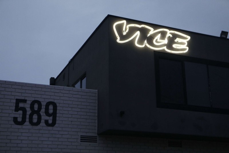 Vice Media offices display the Vice logo at dusk on February 1, 2019 in Venice, California. Vice Media announced it is cutting 250 jobs globally, about ten percent of its workforce. (AFP Photo)