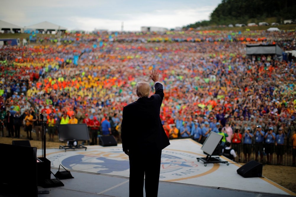 President Trump waves after delivering remarks at the 2017 National Scout Jamboree in Summit Bechtel National Scout Reserve, West Virginia, July 24.