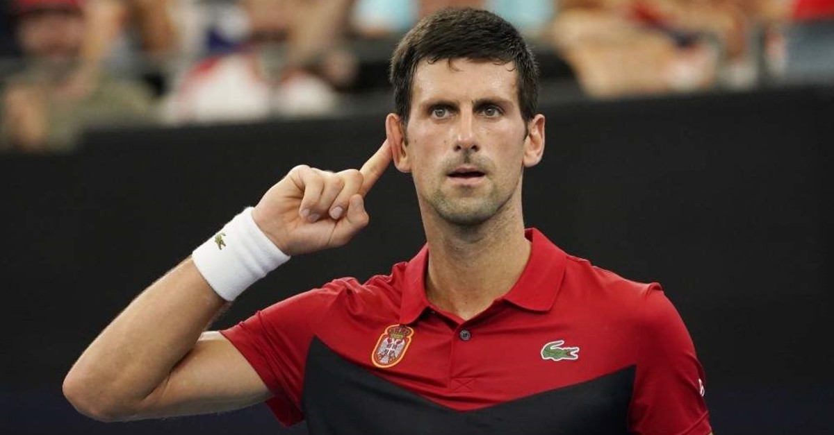 Djokovic reacts during the quarterfinal match against Shapovalou in Sydney, Jan. 10, 2020. (EPA Photo)