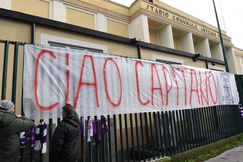 A giant banner reading ,Ciao Captain, is hanged on the fence of Fiorentina's stadium, on March 4, 2018 in Florence. (AFP Photo)