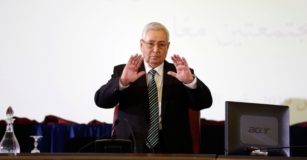  In this April 9, 2019 file photo, Abdelkader Bensalah gestures while being named interim leader to replace former Algerian President Abdelaziz Bouteflika, in Algiers. (AP Photo)