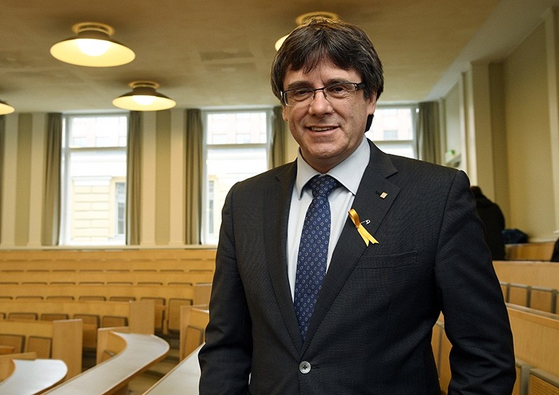 Deposed leader of Catalonia's pro-independence party Carles Puigdemont ahead of his lecture at the University of Helsinki, Finland, Friday March 23, 2018. (Markku Ulander/Lehtikuva via AP)