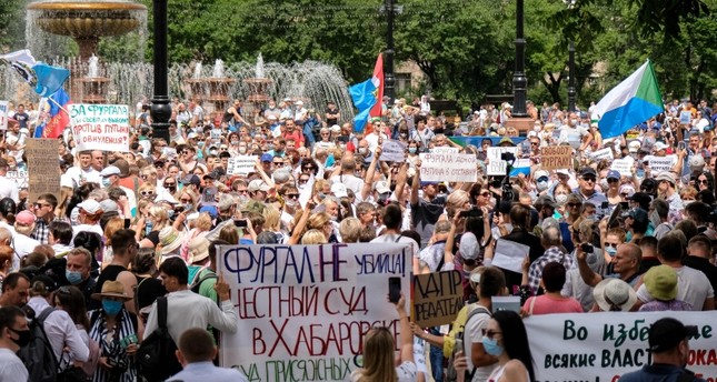 جانب من المظاهرات  في منطقة خاباروفسك في أقصى شرق روسيا الفرنسية