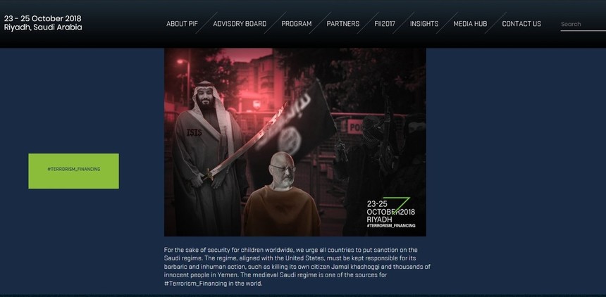 On Monday, the event's website was hacked and defaced with an image depicting the crown prince holding a sword over Khashoggi's head.