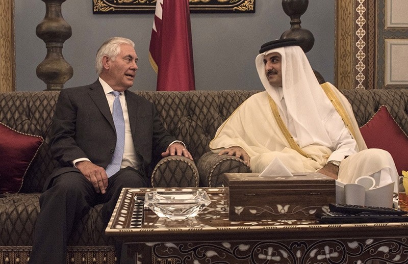 U.S. Secretary of State Rex Tillerson meets with the Emir of Qatar, Sheikh Tamim Bin Hamad Al Thani at the Sea Palace, in Doha, Qatar, Tuesday, July 11, 2017. (AP Photo)