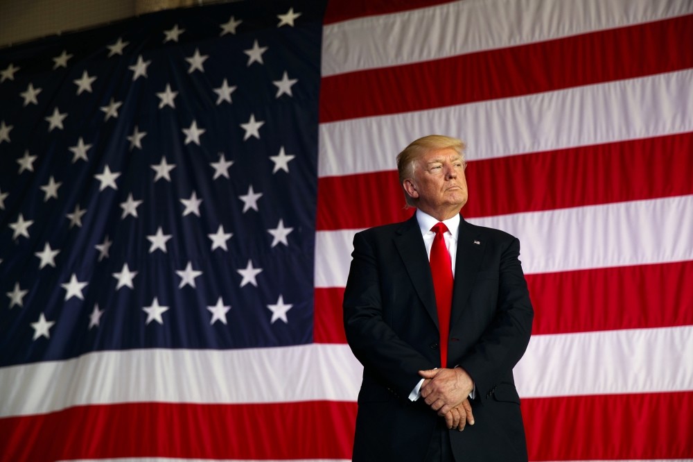 President Donald Trump being introduced to speak to U.S. military troops at the Naval Air Station Sigonella, Italy, May 2.
