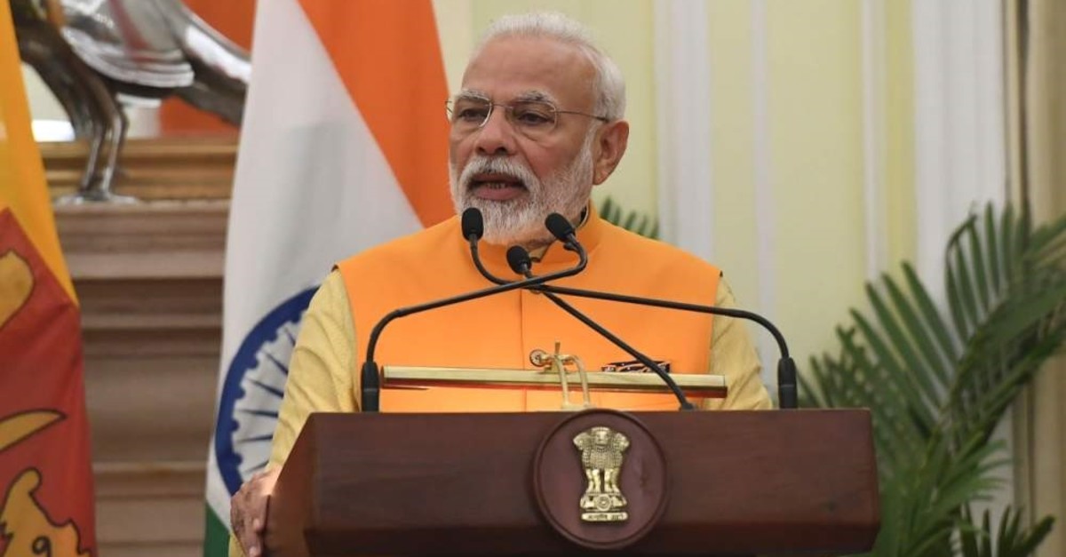 India's Prime Minister Narendra Modi speaks during a joint media briefing at the Hyderadad House, New Delhi, Feb. 8, 2020. (AFP Photo)