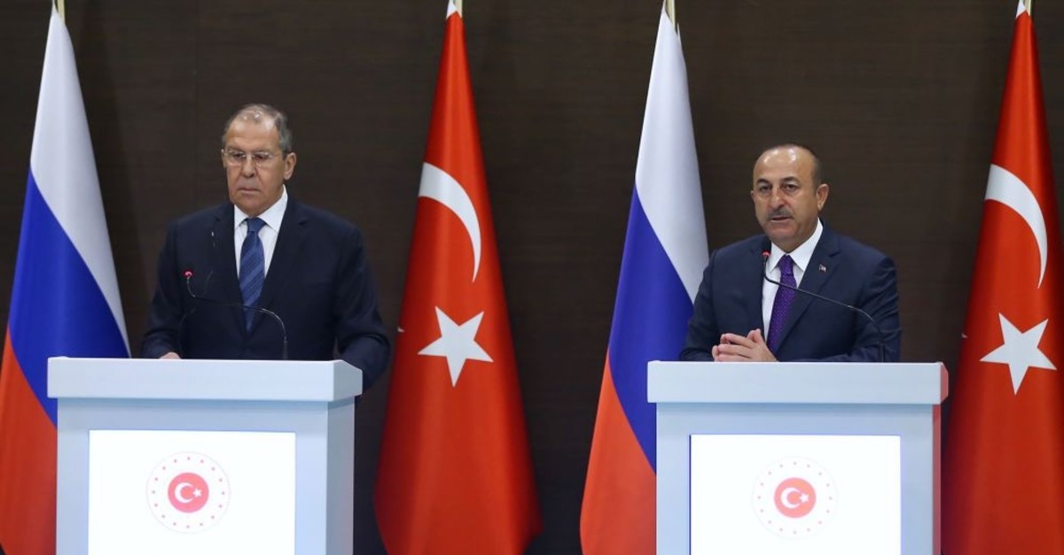 Foreign Minister Mevlu00fct u00c7avuu015fou011flu (R) and his Russian counterpart Sergey Lavrov speak to the media after their meeting in Antalya, March 29, 2019.