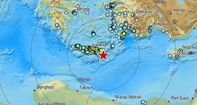 خريطة تبين مركز الزلزال في البحر المتوسط DHA