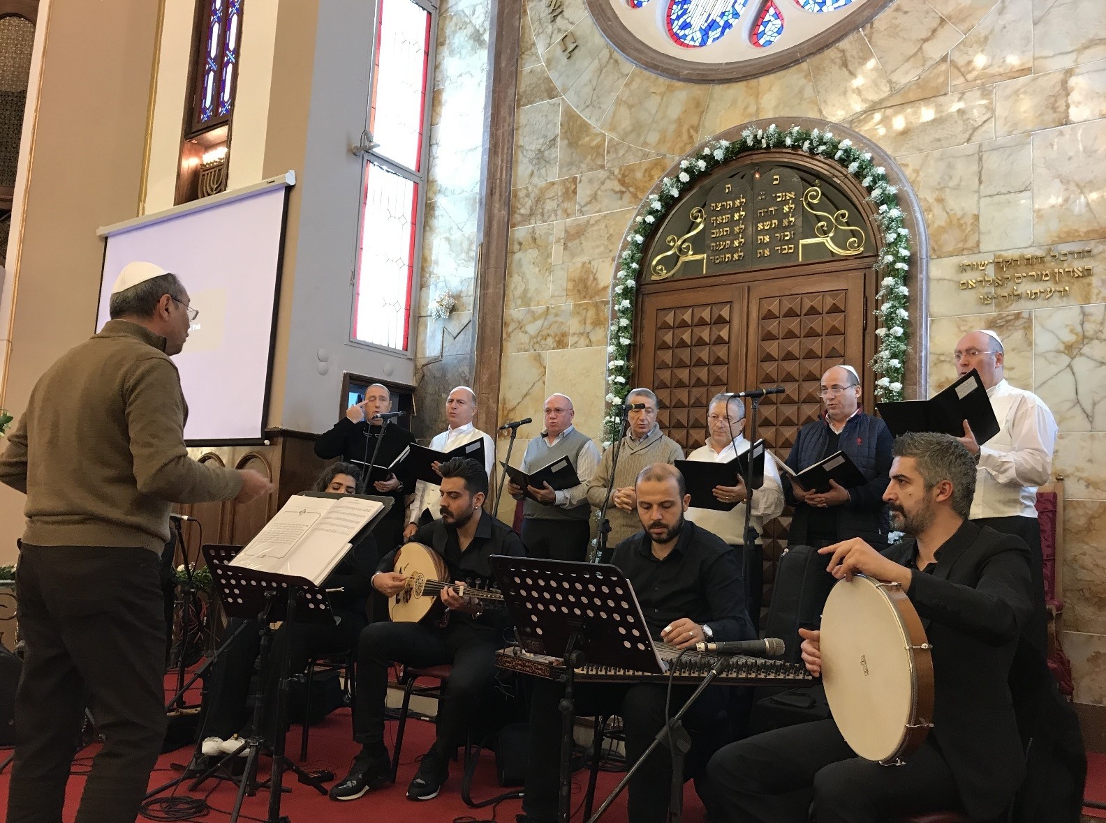 A band performs Sephardic songs at Neve Shalom Synagogue.