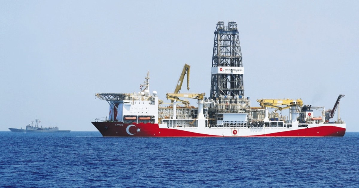 Turkish drilling vessel Yavuz is escorted by Turkish Navy frigate TCG Gemlik (F-492) in the Eastern Mediterranean Sea off the island of Cyprus, Aug. 6, 2019.