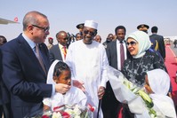 President Erdou011fan and first lady Emine Erdou011fan are welcomed at the airport by Chadian President Idriss Deby, N'Djamena, Chad, Dec.25.