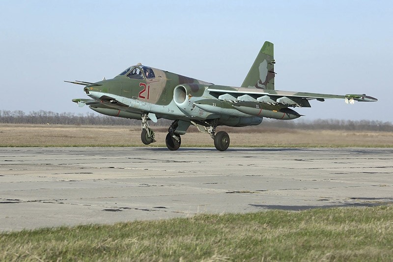 A Russian Sukhoi Su-25 fighter jet arriving from Syria lands at an airbase in Krasnodar region, southern Russia, in this March 16, 2016 handout photo by the Russian Ministry of Defence. (Reuters Photo)