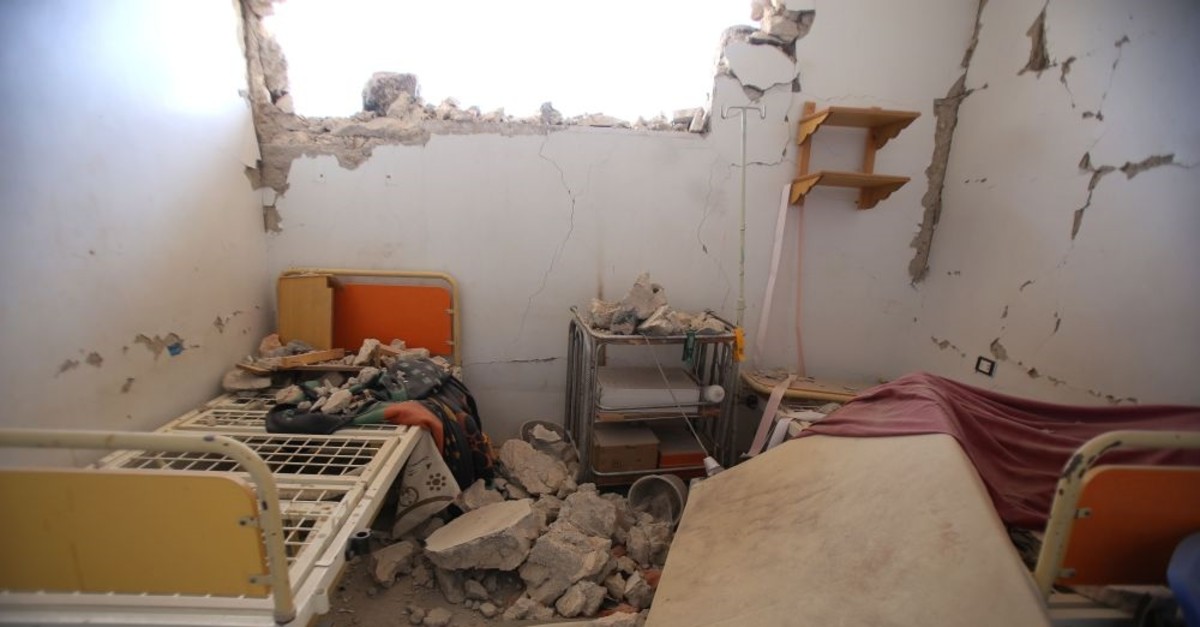 A damaged interior after a regime airstrike on a makeshift health clinic near Tallmannis in Syria's northern Idlib province, Aug. 21, 2019.