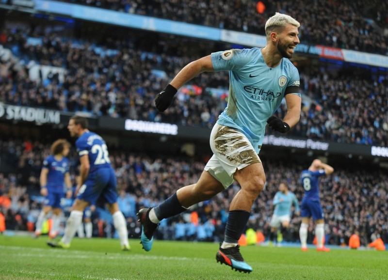 Manchester City's Sergio Aguero celebrates after scoring his side's third goal during the English Premier League soccer match between Manchester City and Chelsea at Etihad stadium in Manchester, England, Sunday, Feb. 10, 2019. (AP Photo)