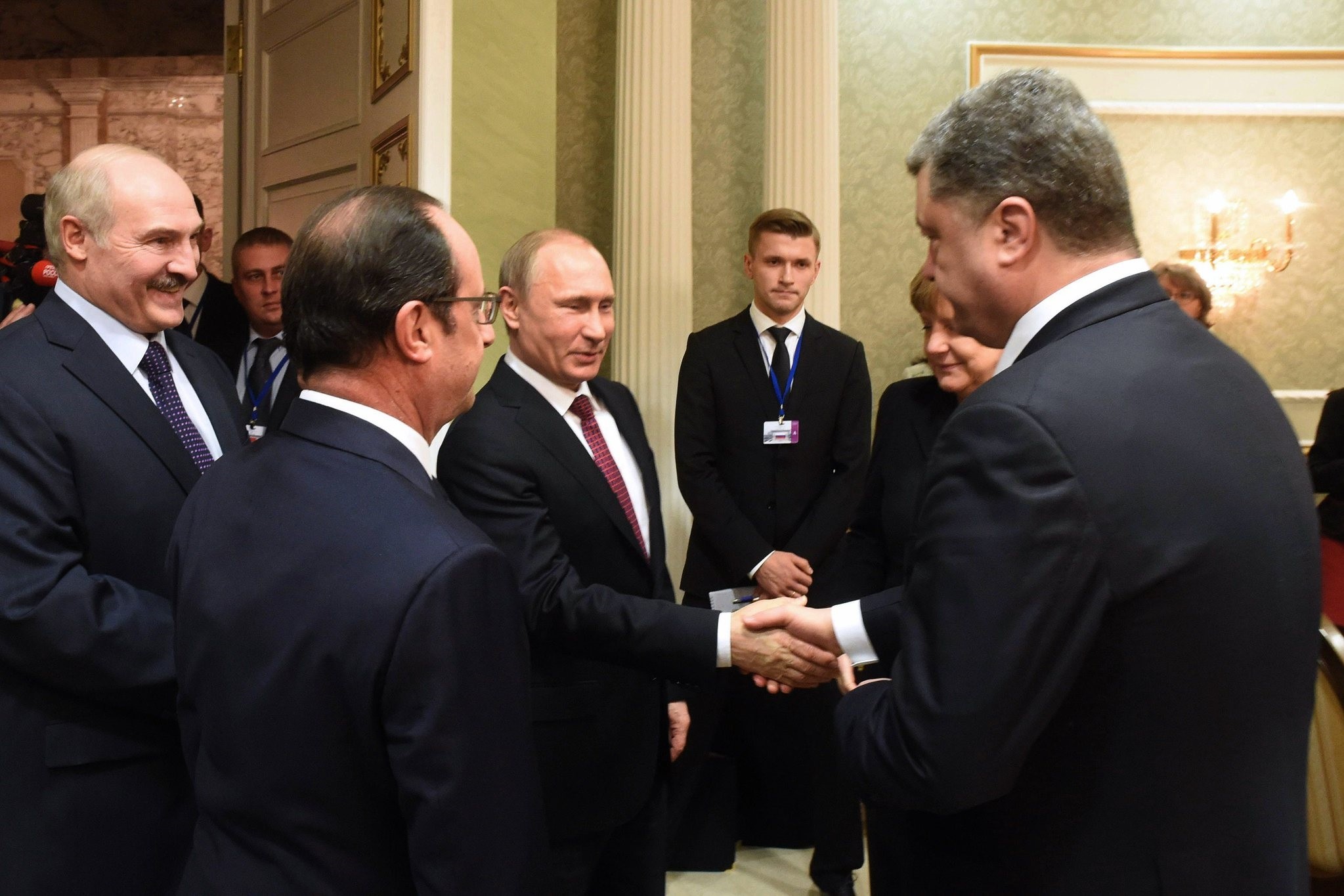 Russian President Vladimir Putin with Ukrainian President Petro Poroshenko in a meeting on Feb. 11, 2015, in Minsk.