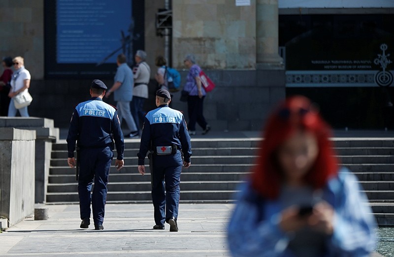 Policemen patrol at the Republic square in Yerevan, Armenia, May 3, 2018 (Reuters Photo)