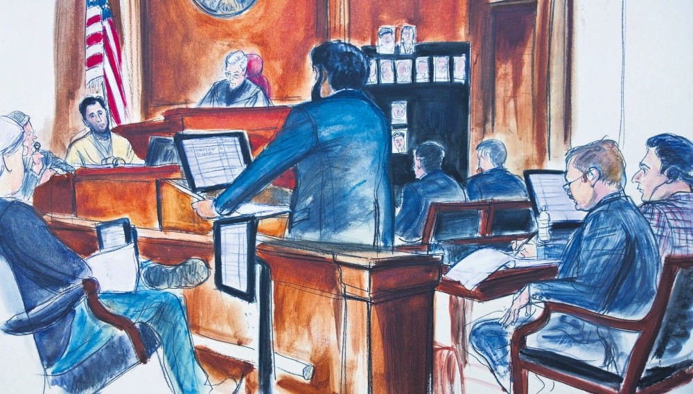 A courtroom sketch depicting Turkish-Iranian gold trader Reza Zarrab being questioned by assistant U.S. attorney Sidhardha Mamarju while defense attorney Victor Rocco (second from right) and Mehmet Hakan Atilla, Nov. 29.