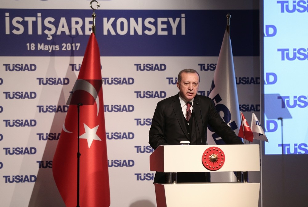 President Erdou011fan delivered a speech at the High Consultation Meeting of the Turkish Industrialists and Businessmen Association at the Sabancu0131 Center.