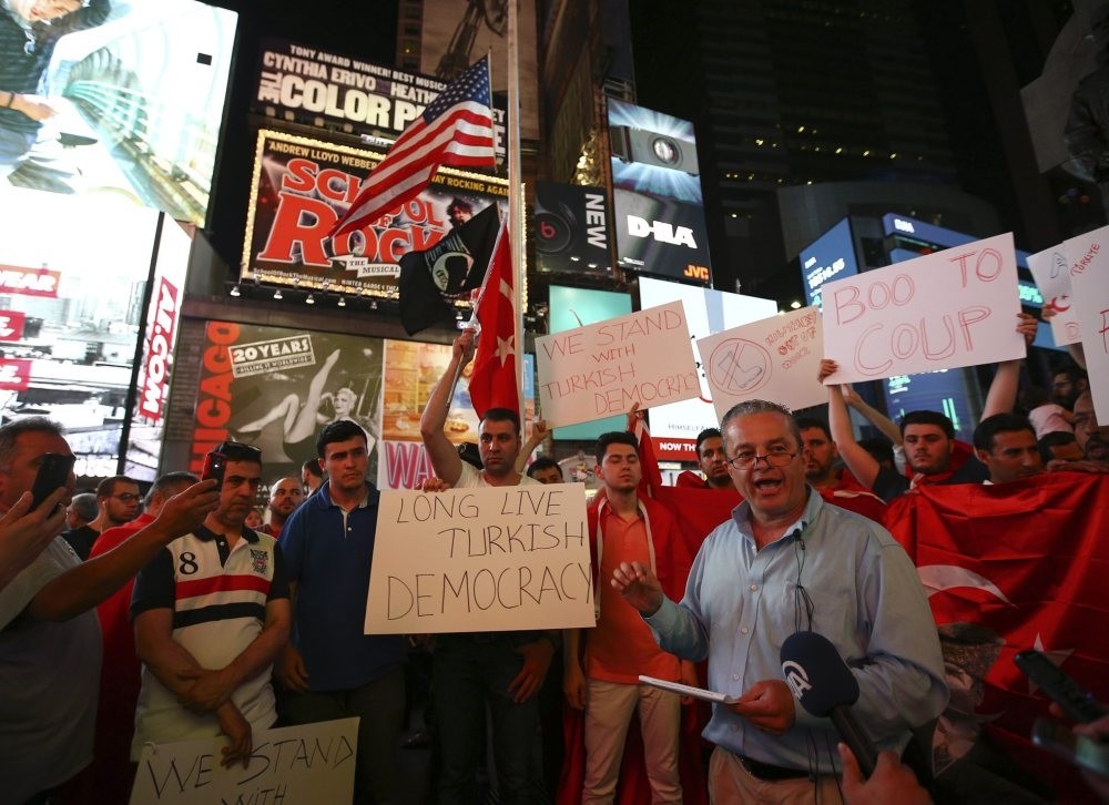 People protest FETu00d6's deadly attempted coup in Turkey, showing support for Turkish democracy, New York, July 16, 2016. 