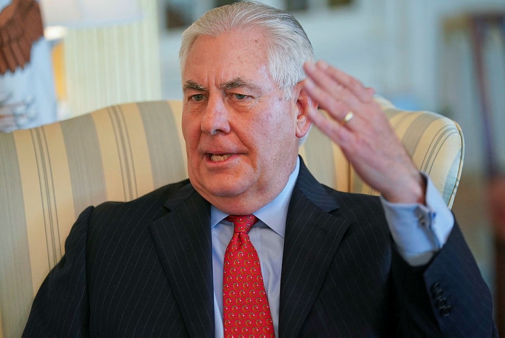 Secretary of State Rex Tillerson gestures during a interview with the Associated Press at the State Department in Washington, D.C., U.S., Jan. 5, 2018. (AP Photo)