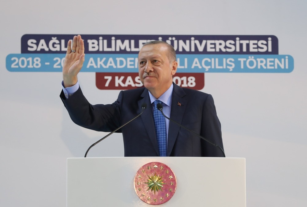President Recep Tayyip Erdou011fan speaks at the academic year opening ceremony of the University of Health Sciences in Ankara yesterday.